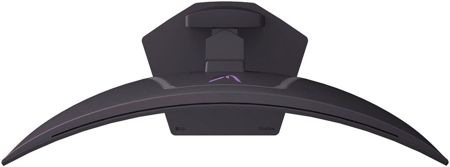 Ein schwarzer gekrümmter Monitorfuß mit LG und UltraGear Logo.