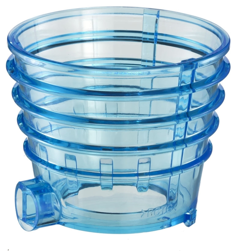 Blaues, durchsichtiges Plastikgefäß mit mehreren Ringen und einem Auslass.