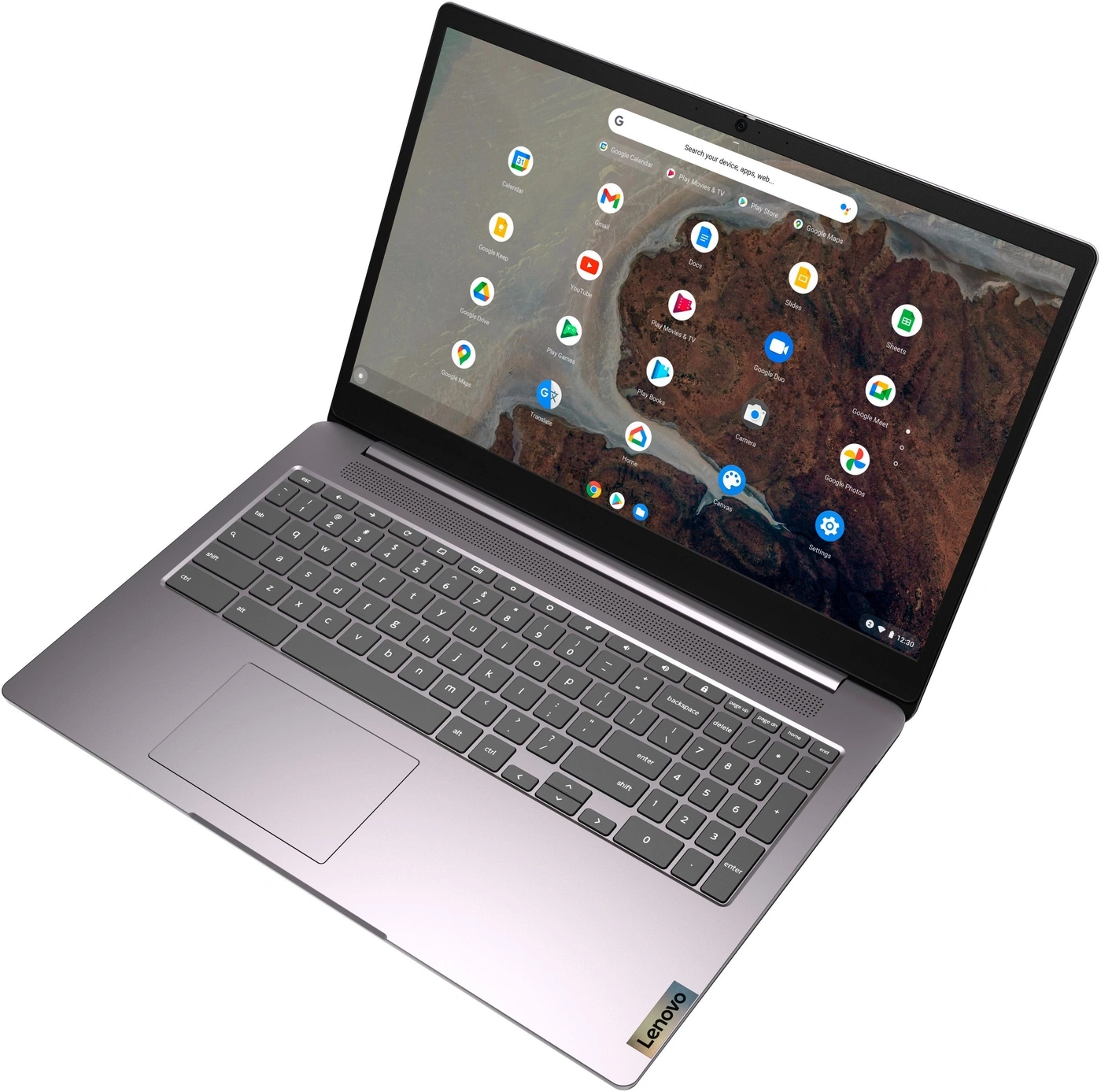 Ein graues Lenovo-Chromebook mit geöffnetem Bildschirm und Google-Apps auf dem Desktop.