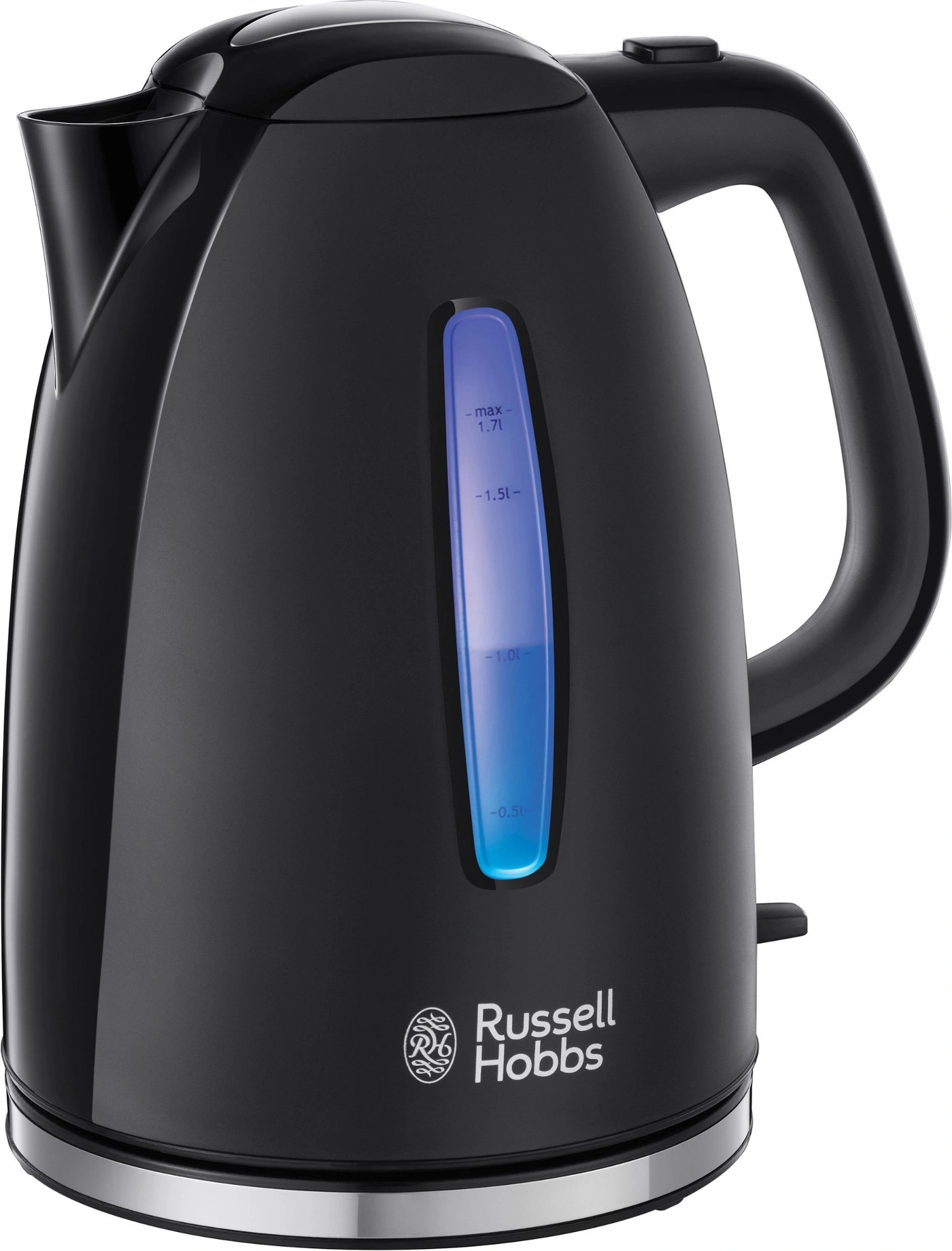 Schwarzer Wasserkocher von Russell Hobbs mit blauer Wasserstandsanzeige und Griff.