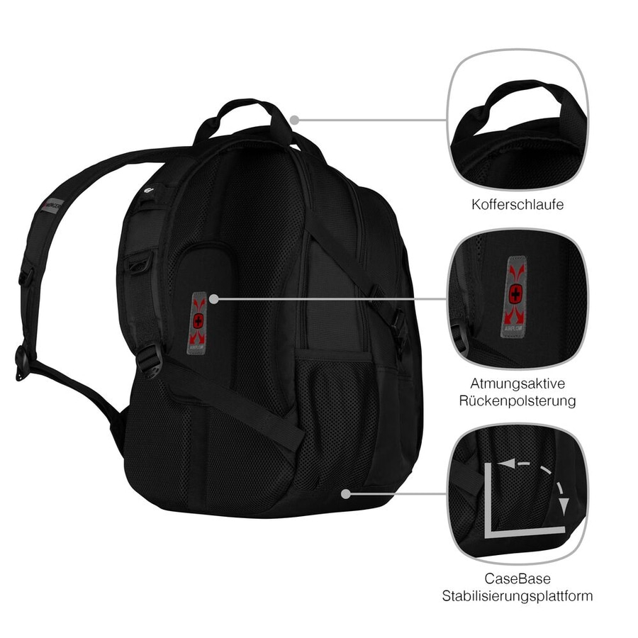 Schwarzer Rucksack mit Kofferschnalle, Rückenpolsterung und Stabilisierungsplattform.