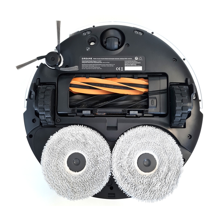 Roboter-Staubsauger von Dreame, mit rotierenden Wischmopps und Bürsten, schwarz-weiß.