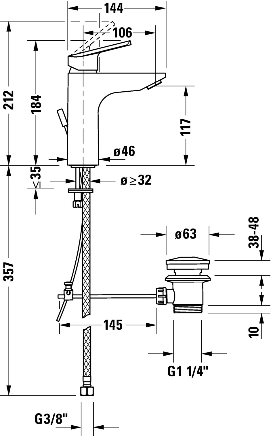 Wasserhahn mit Maßen: 212, 184, 35, 357, 144, 106, 117, 46, 32, 63, 145, 38-48, 10, G3/8", G1 1/4"