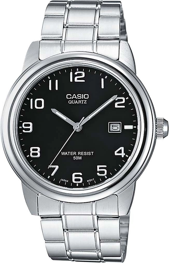 Armbanduhr von Casio mit schwarzem Zifferblatt und silbernem Armband