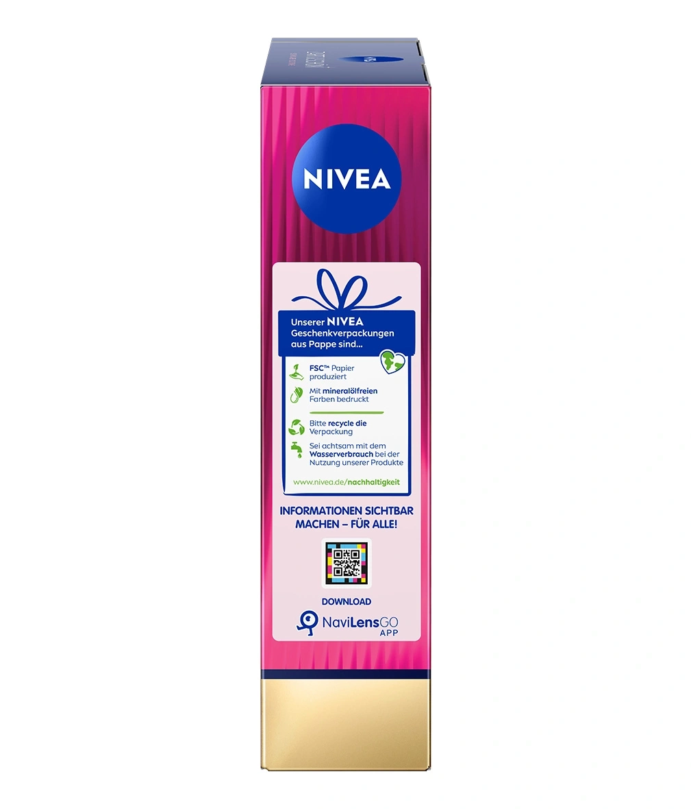 Nivea Geschenkverpackung aus Pappe mit Nachhaltigkeitsinformationen.