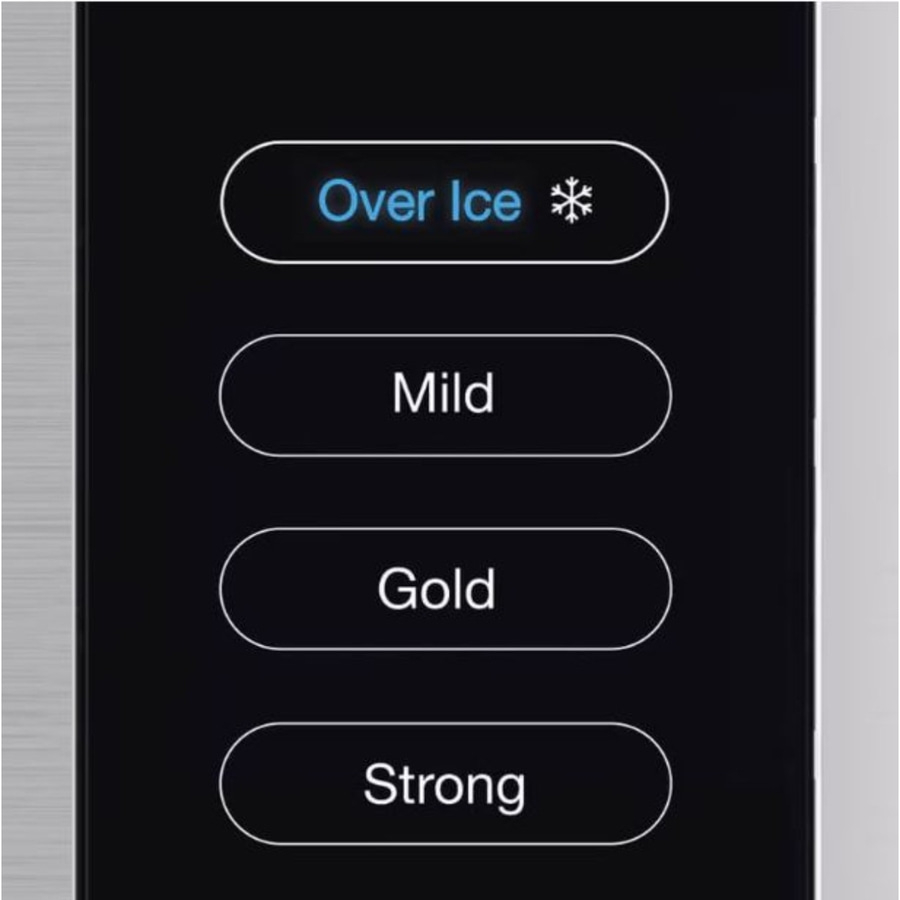Menüoptionen auf einem schwarzen Bedienfeld: Over Ice, Mild, Gold, Strong.