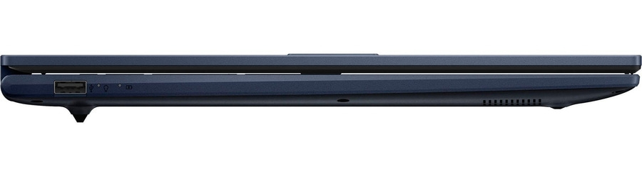 Blauer Laptop im Profil mit Anschlüssen und Lüftungsschlitzen