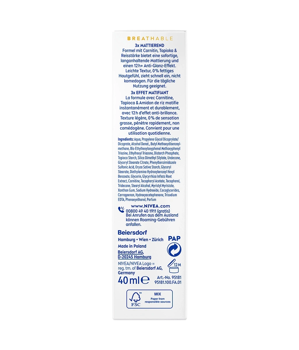 Ein NIVEA mattierendes und atmungsaktives Hautpflegeprodukt mit Carnitin.
