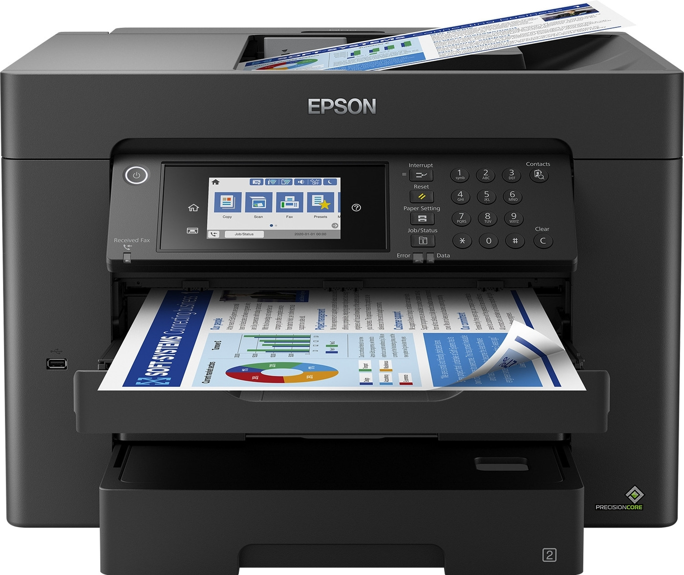 Epson-Drucker mit Bedienfeld, Papierausgabe und eingelegtem Papier, bereit zum Drucken.
