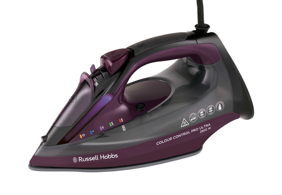 Dampfbügeleisen von Russell Hobbs, lila und schwarz, mit verschiedenen Funktionen und Einstellungen.