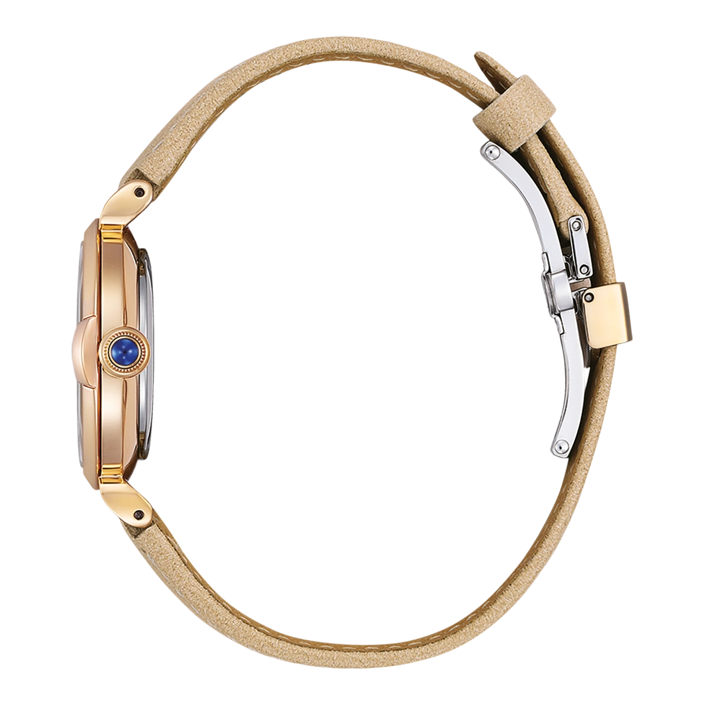 Uhr mit goldenem Gehäuse und blauem Stein, beigem Armband