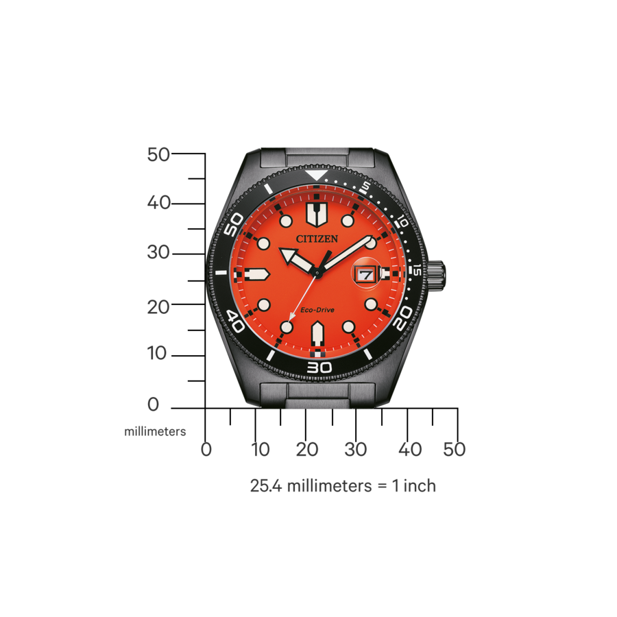 Citizen-Uhr mit orangefarbenem Zifferblatt und schwarzer Lünette, Nahaufnahme, Eco-Drive.