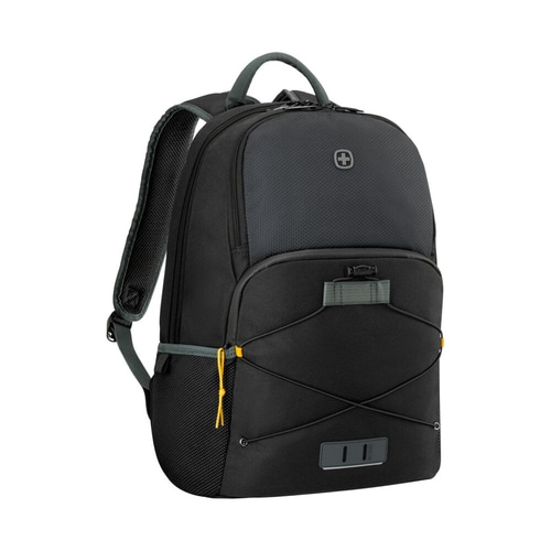 Schwarzer Rucksack mit grauem Griff und gelben Akzenten, für Kameraausrüstung.