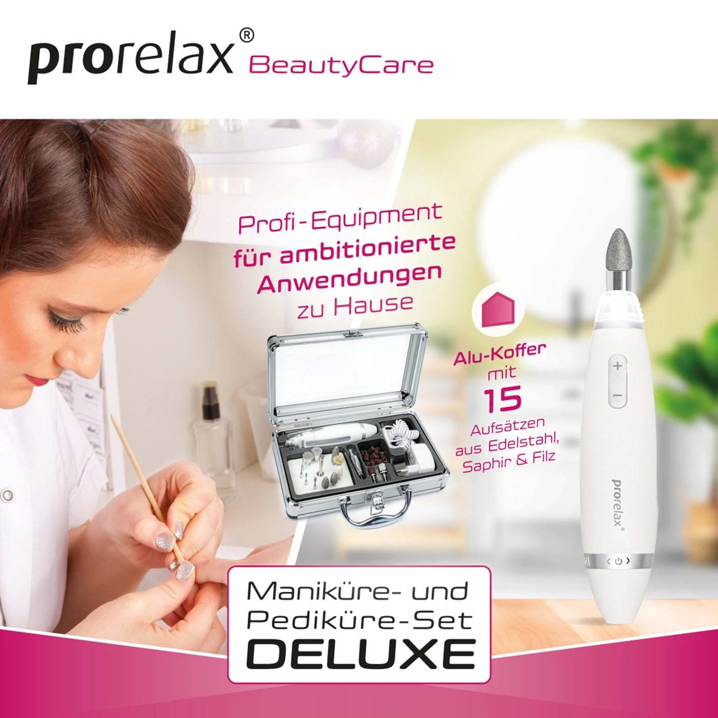 Maniküre- und Pediküre-Set Deluxe mit Alu-Koffer und 15 Aufsätzen für zu Hause.