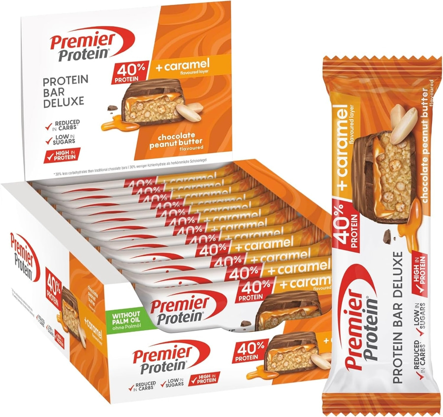 Premier Protein Riegel "Chocolate Peanut Butter" mit 40% Protein und Karamellgeschmack.