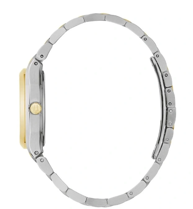 Uhr, silbernes Armband, goldenes Zifferblatt, Seitenansicht, Detailaufnahme