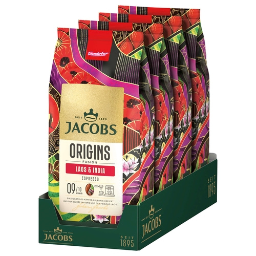 JACOBS Kaffeebohnen Origins Laos & India Espresso ganze Bohne geröstet 4 x 1 kg