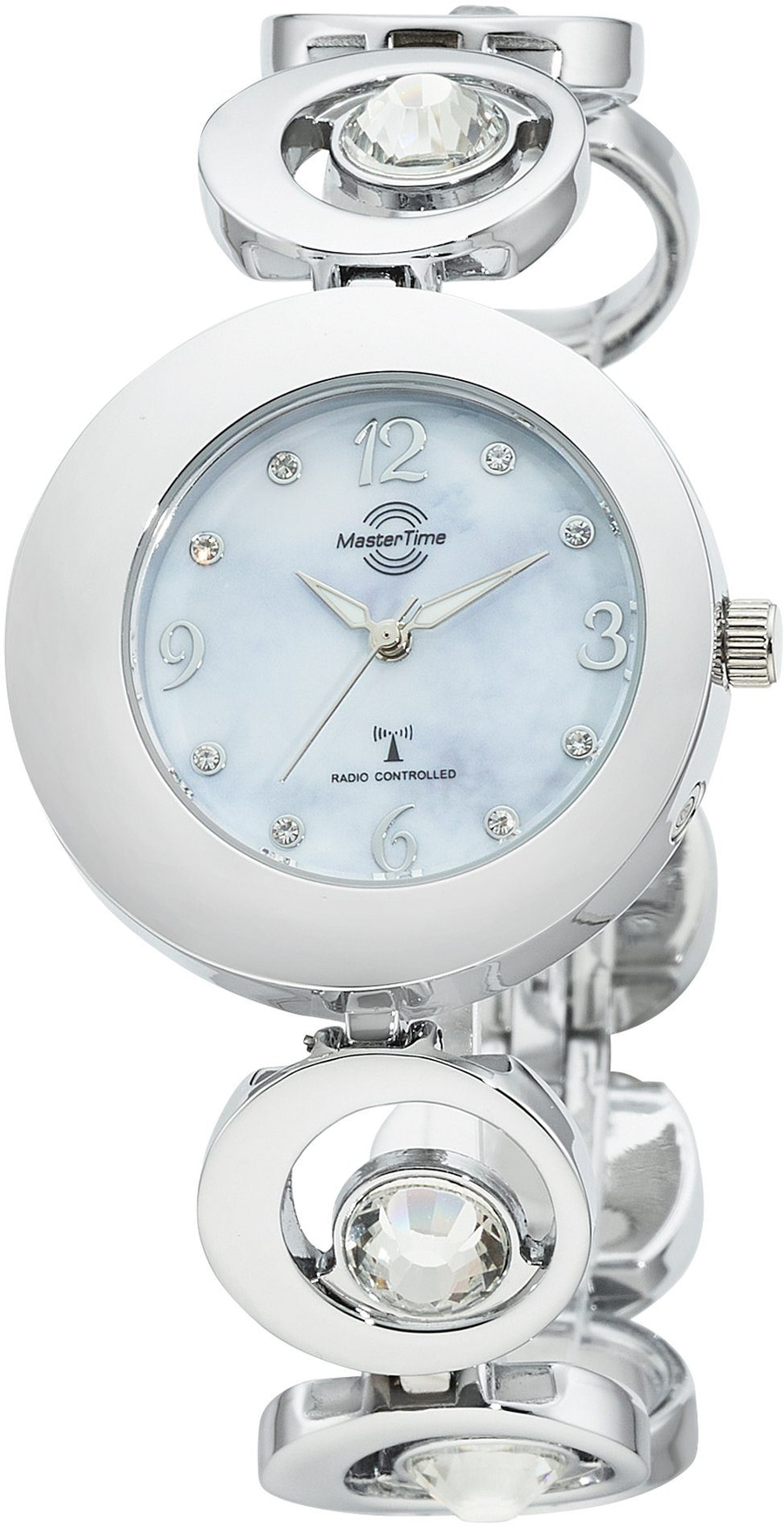 Silberne MasterTime-Uhr mit Diamanten, Funkgesteuert, rundes Zifferblatt, Schmuckarmband
