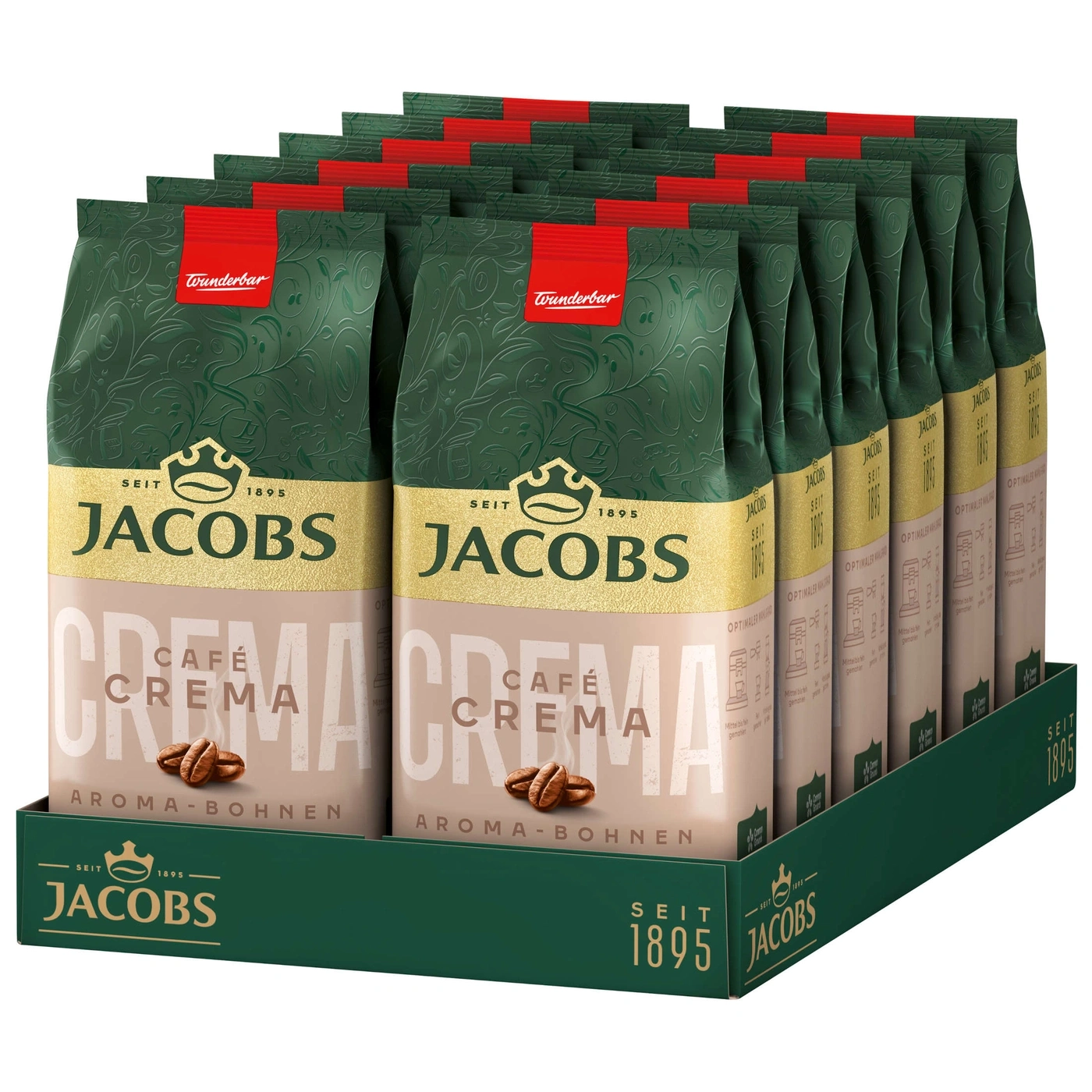 Jacobs Crema Kaffee Packungen in einem Display, Aroma-Bohnen, Wunderbar, 1895