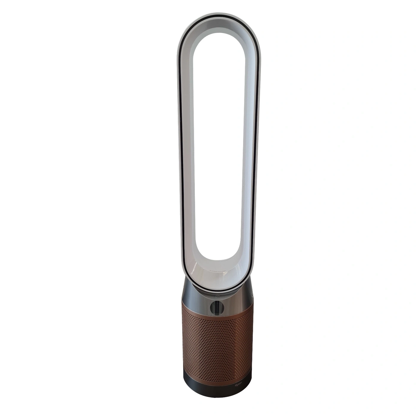 Ein schmaler, schlanker Luftreiniger von Dyson in Grau und Kupfer.