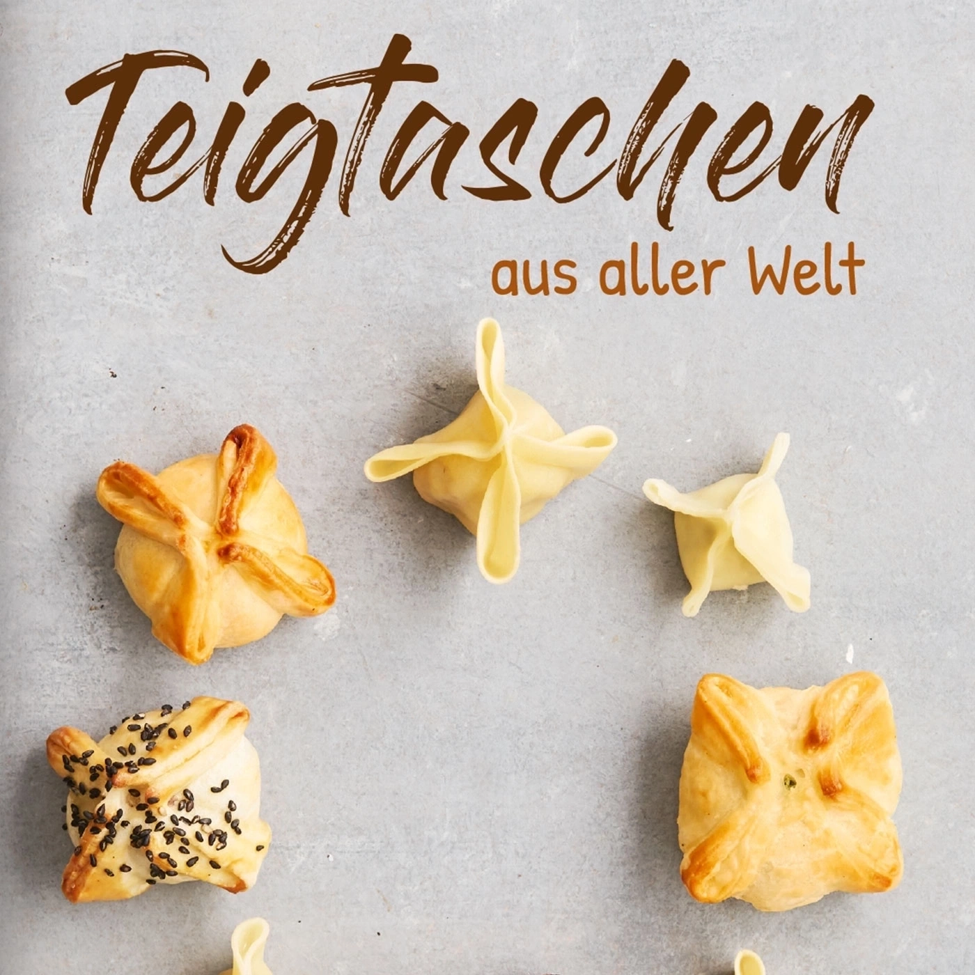 Teigtaschen aus aller Welt, verschiedene Formen und Farben, auf grauem Hintergrund.