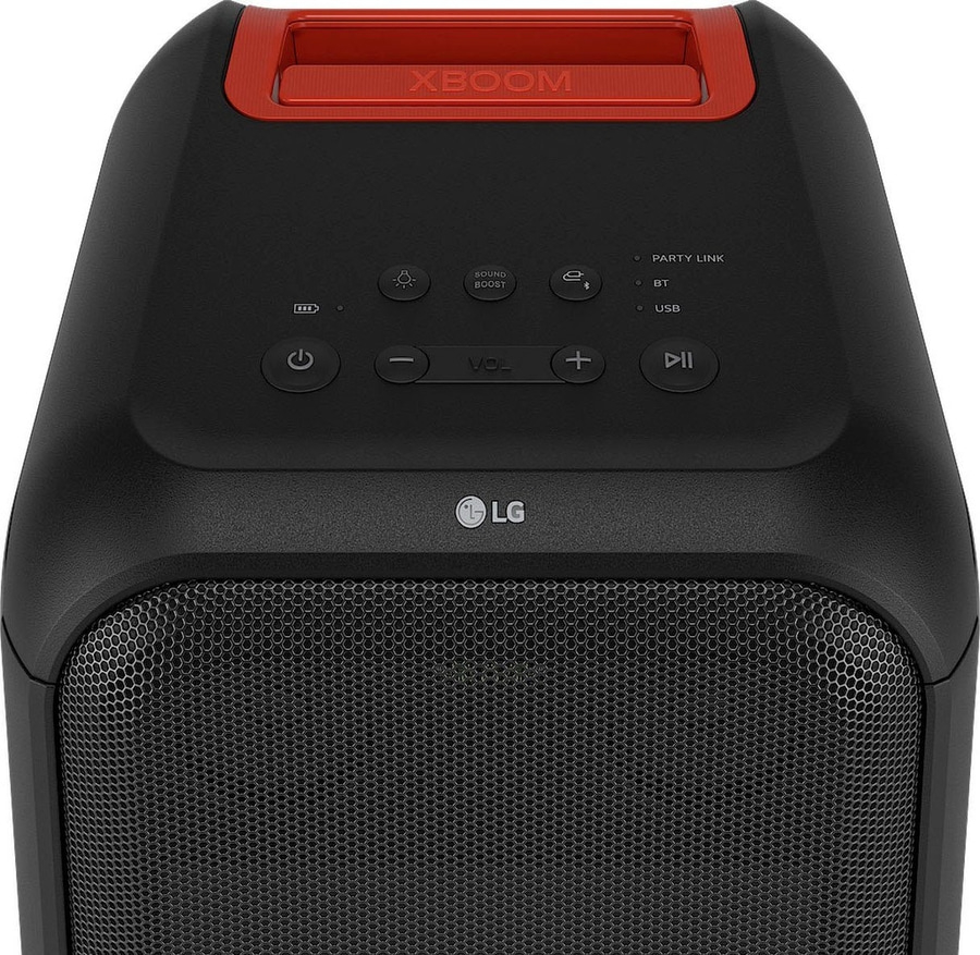 Schwarzer LG XBOOM Lautsprecher mit roten Akzenten und Bedienelementen.