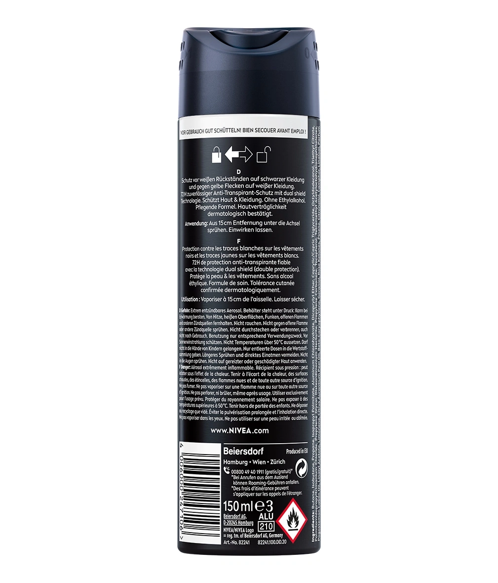 Ein Deodorant Spray mit einem weißen Etikett mit schwarzem Text und einem schwarzen Sprühkopf.
