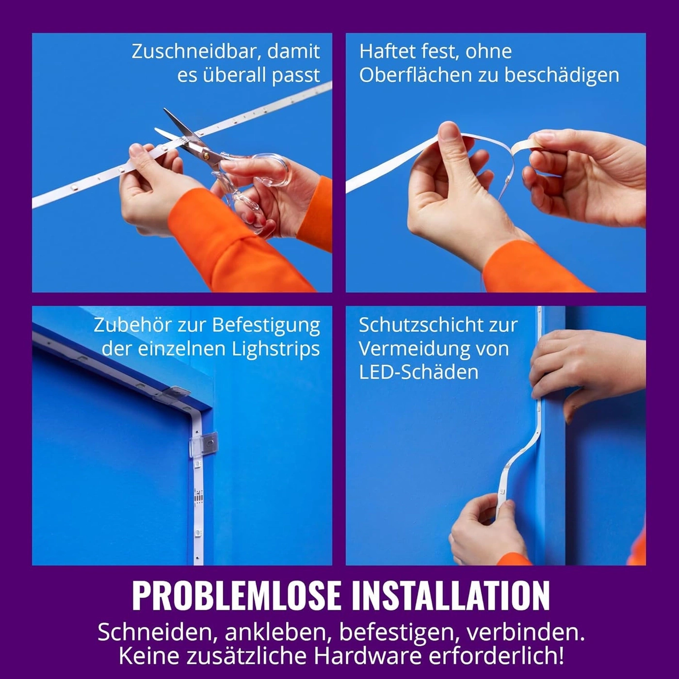 Zuschneidbar, Haftet fest, Zubehör zur Befestigung, Schutzschicht