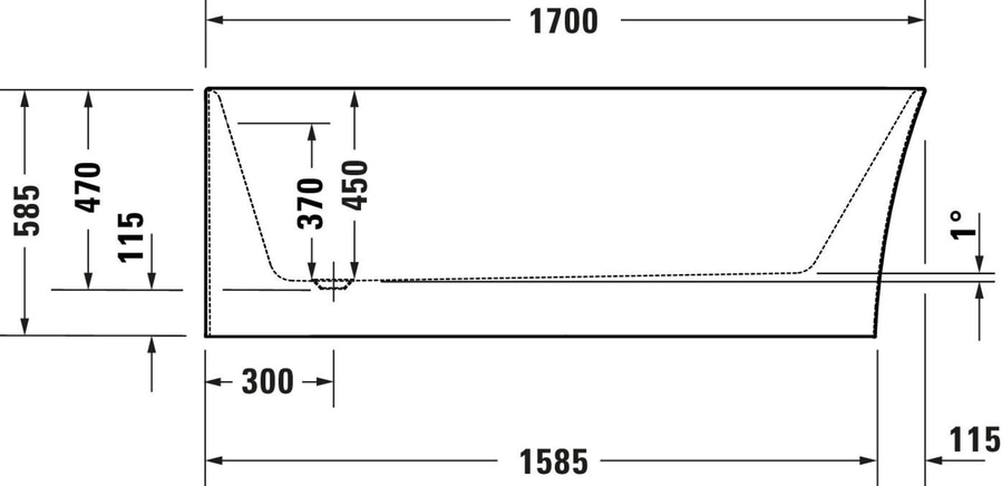 Badewanne mit Maßen: 1700x585x1585mm, 470mm hoch, 300mm breit, 115mm tief, 450mm hoch.
