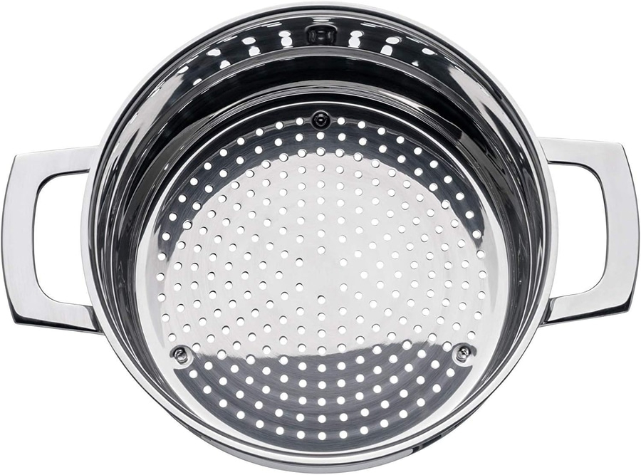 Edelstahl-Dampfkorb mit Griffen und vielen kleinen Löchern
