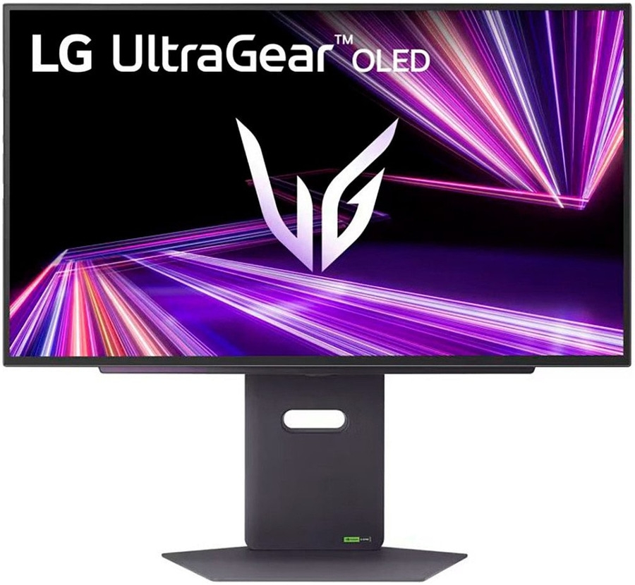LG UltraGear OLED Monitor, schwarzer Ständer, lila Hintergrund, Gaming-Monitor
