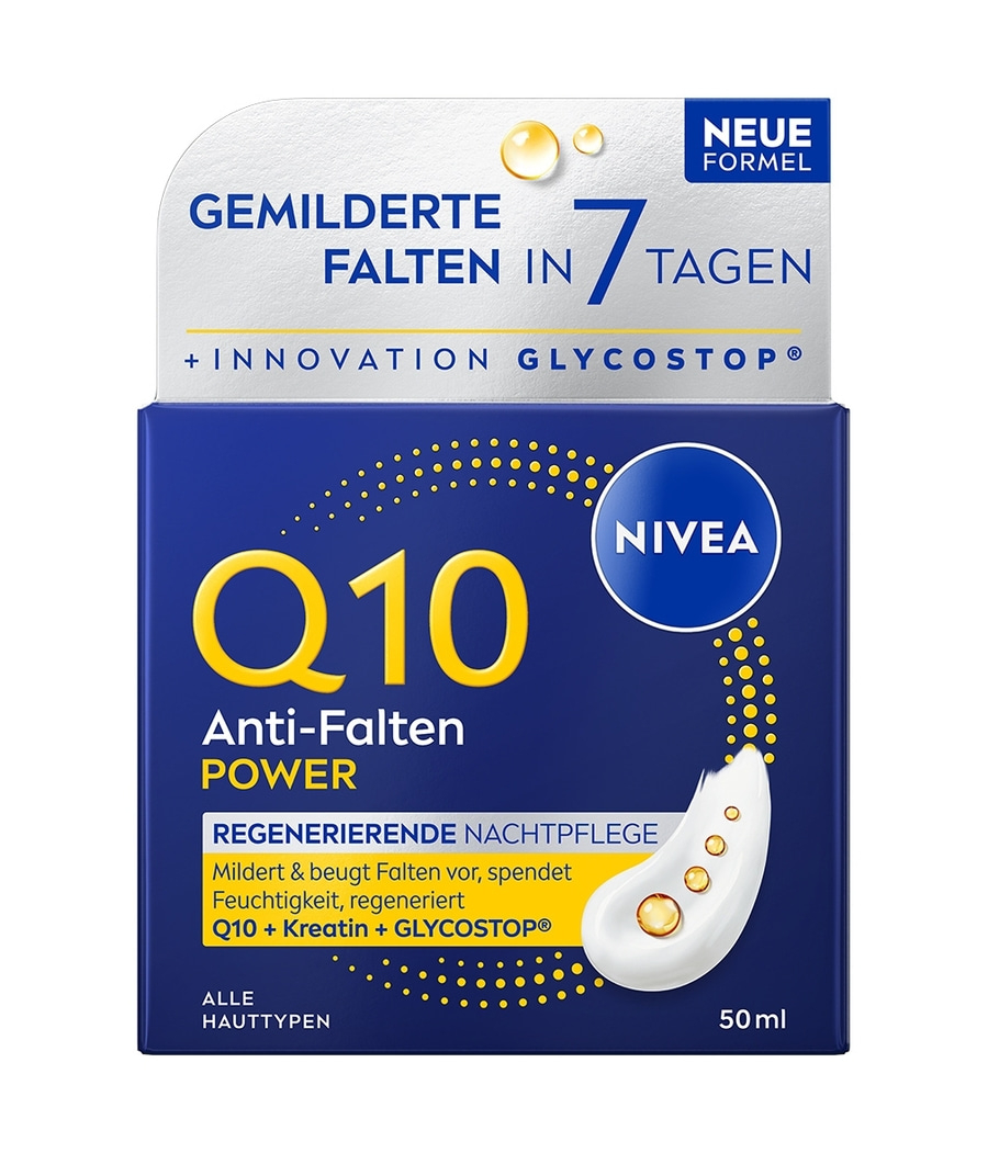 Nivea Q10 Power Anti-Falten Nachtpflege mit Glycostop für alle Hauttypen, 50 ml.