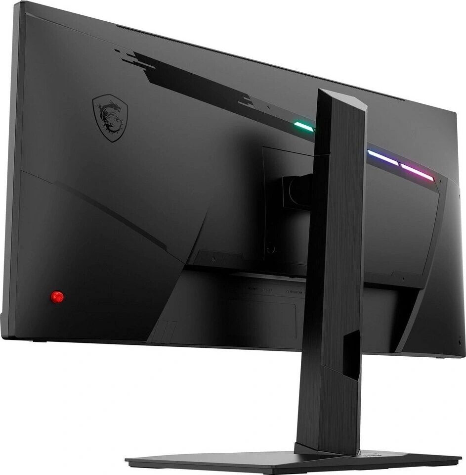 Die Rückseite eines schwarzen Gaming-Monitors mit MSI-Logo und RGB-Beleuchtung.