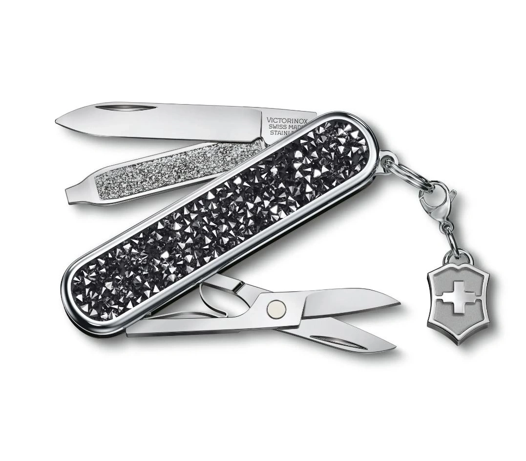 Schweizer Taschenmesser mit Kristallen, Schere und Anhänger mit Kreuz