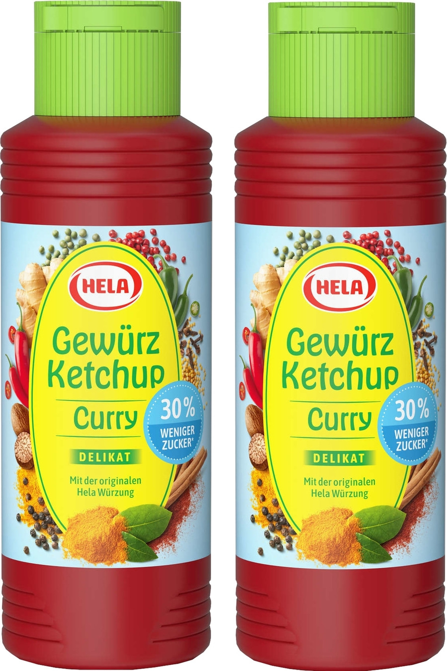Zwei Flaschen Hela Gewürz Ketchup Curry, 30% weniger Zucker, Delikat, mit Hela Würzung.