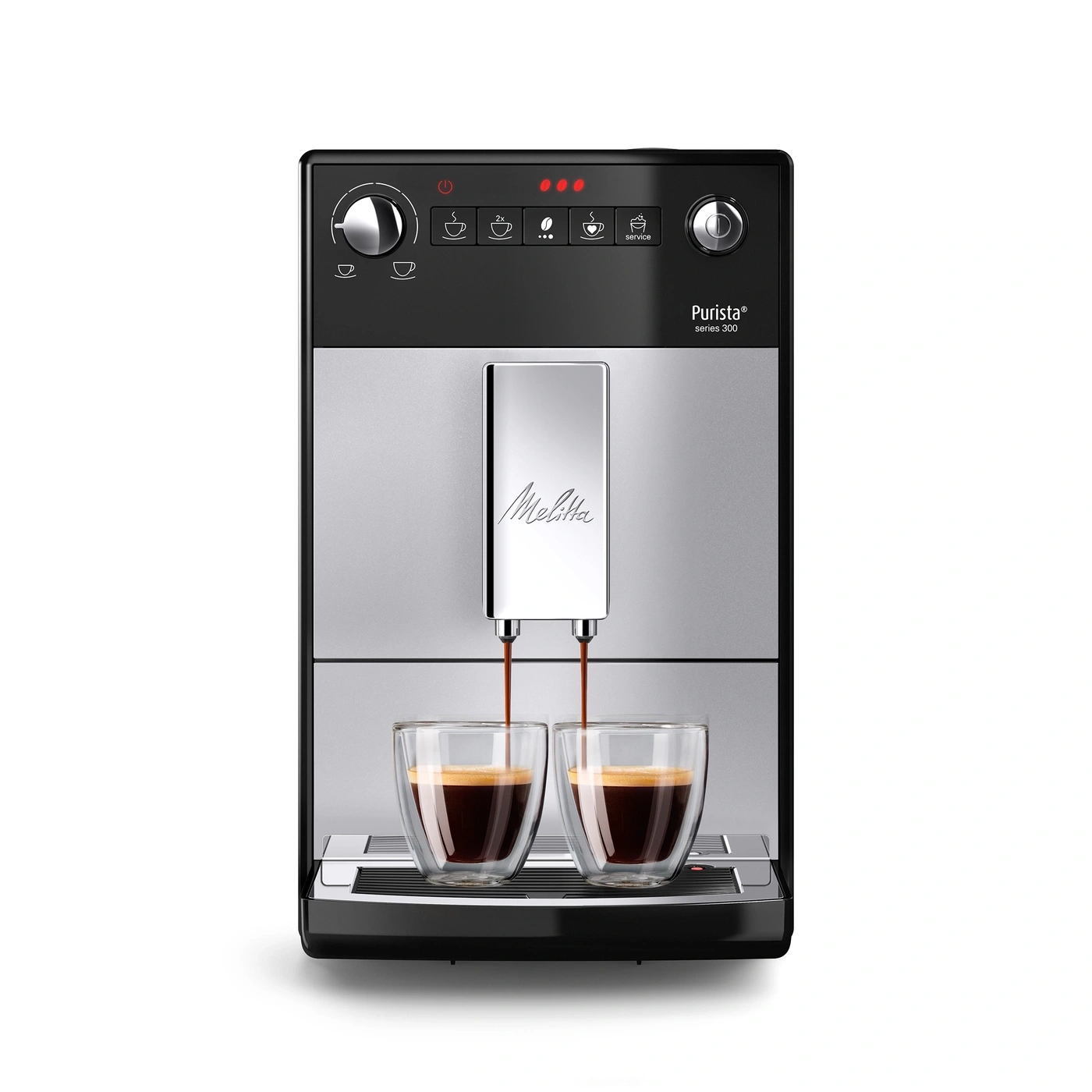 Kaffeemaschine Melitta Purista, zwei Tassen Espresso, schwarzes Design, silberne Details