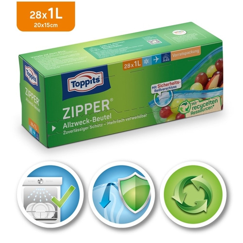 Toppits Zipper Allzweck-Beutel, 28x1L, wiederverwendbar, Vorratspackung, recycelte Ressourcen