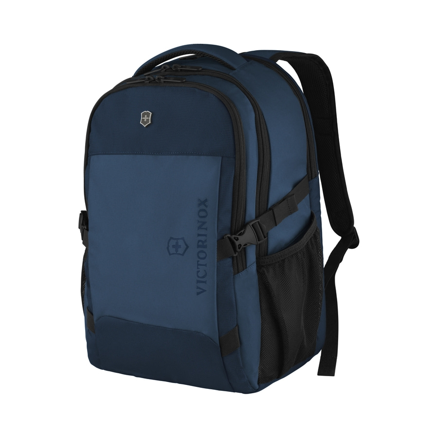 Blauer Rucksack von Victorinox, mit Logo und Seitentaschen, für den Alltag.