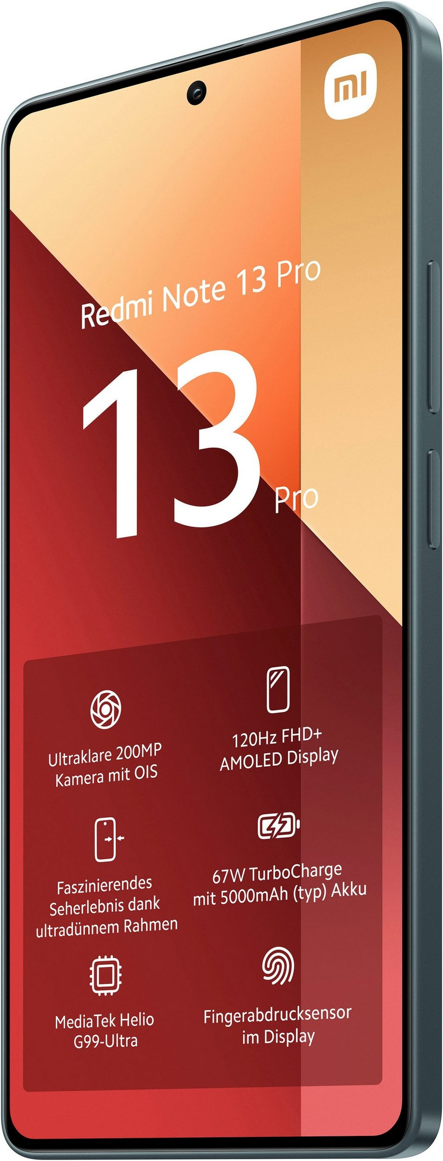 Redmi Note 13 Pro Smartphone mit Funktionen wie Kamera, Display und Akku.