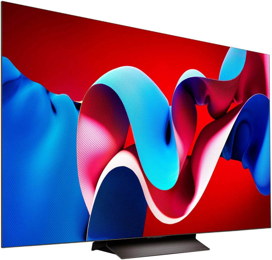 Ein moderner Fernseher mit einem abstrakten, farbenfrohen Hintergrund.
