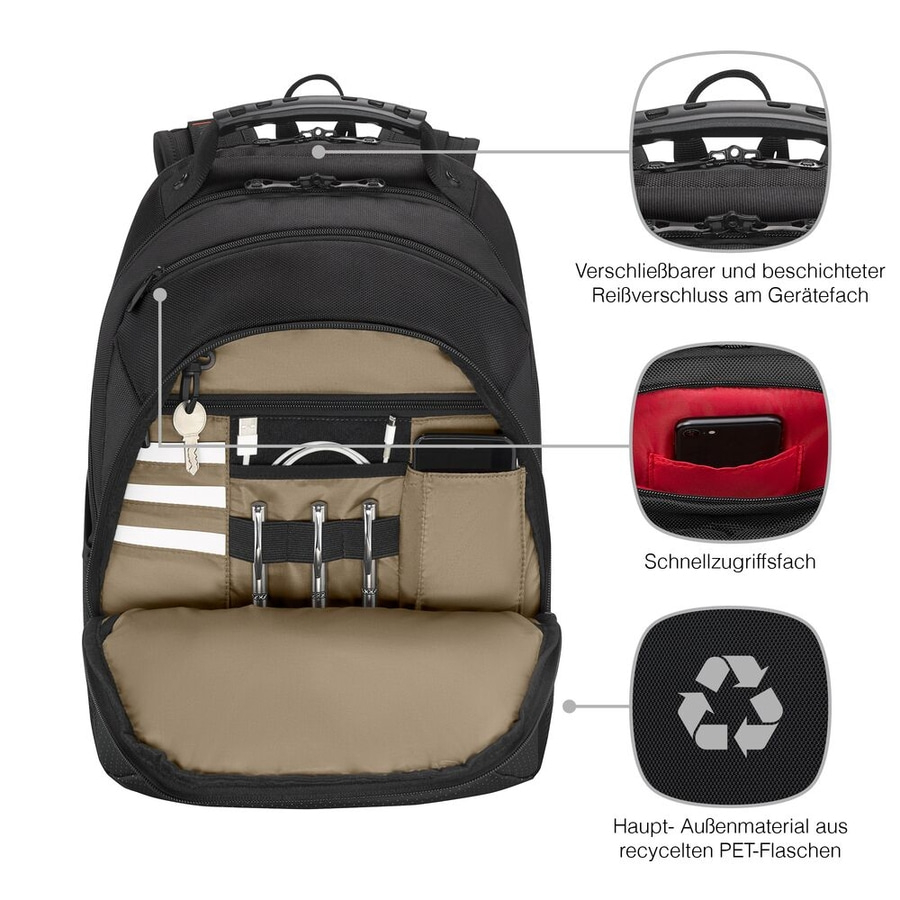 Schwarzer Rucksack mit Reißverschluss, Taschen und Recycling-Symbol.