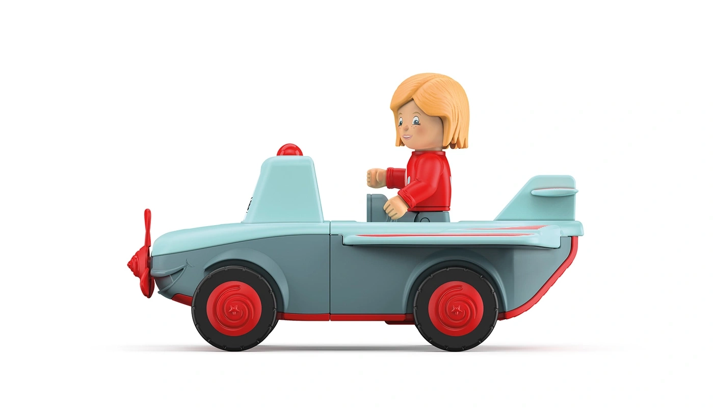 Ein Spielzeugflugzeug mit einem Jungen am Steuer