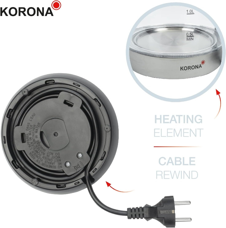KORONA Glas Wasserkocher 20608 1,2 Liter 2200 Watt Edelstahl LED Beleuchtung NEU