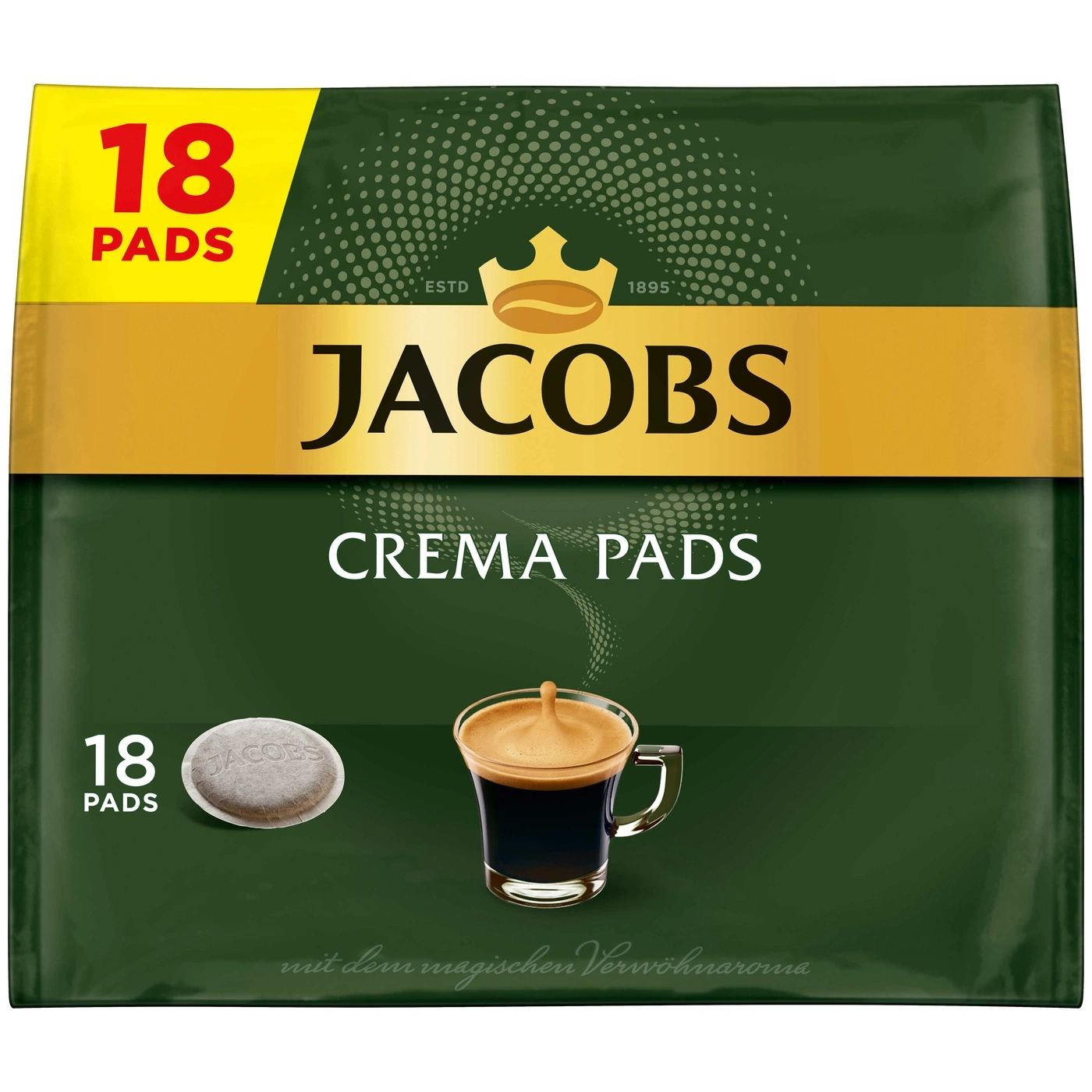 Jacobs Crema Pads, 18 Stück, Kaffee, Kaffeepads, Getränk, Packung, grün