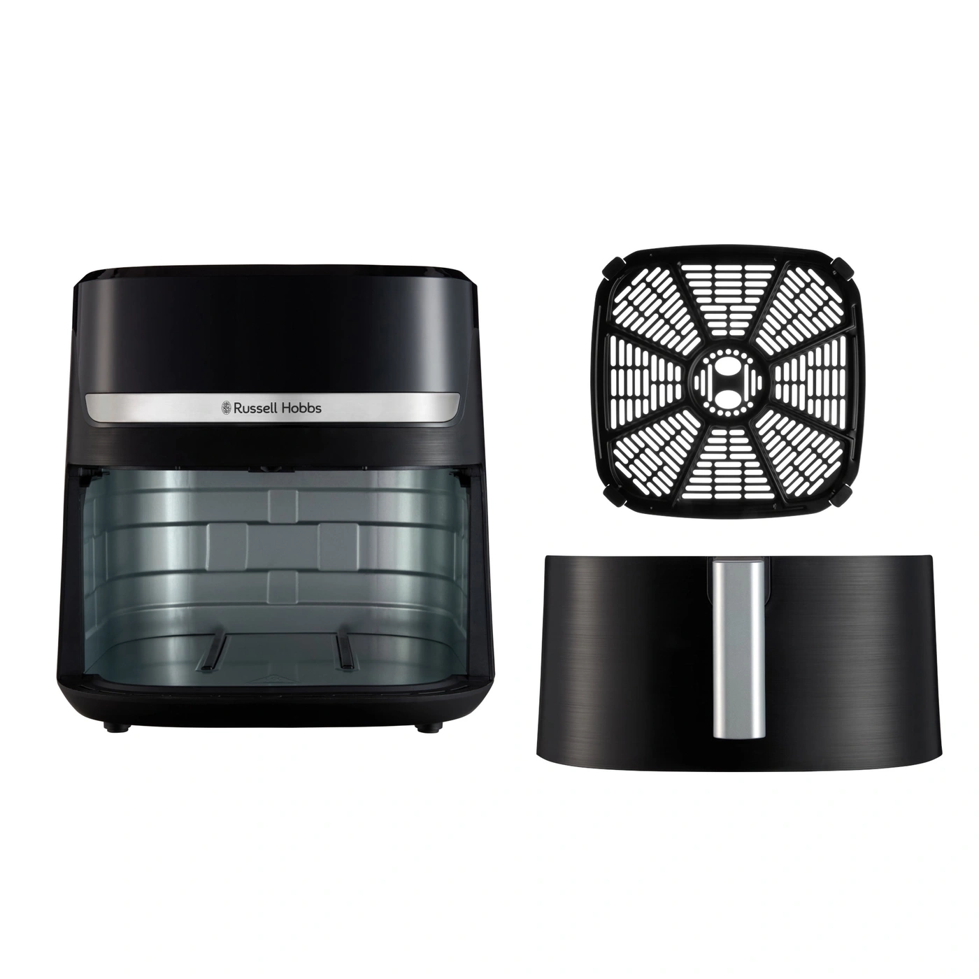 Schwarze Heißluftfritteuse mit Zubehör, isoliert auf weißem Hintergrund, Russell Hobbs