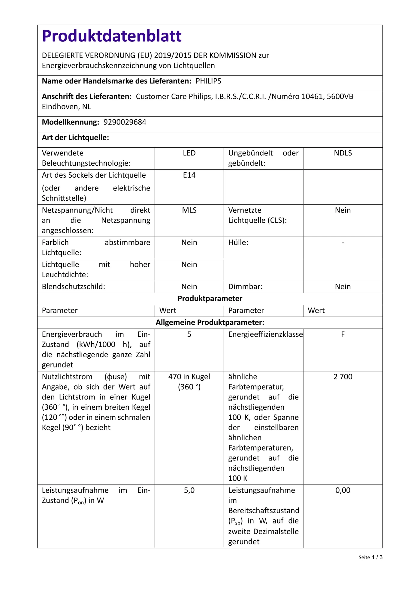Produktdatenblatt mit Informationen über eine Lichtquelle von Philips.
