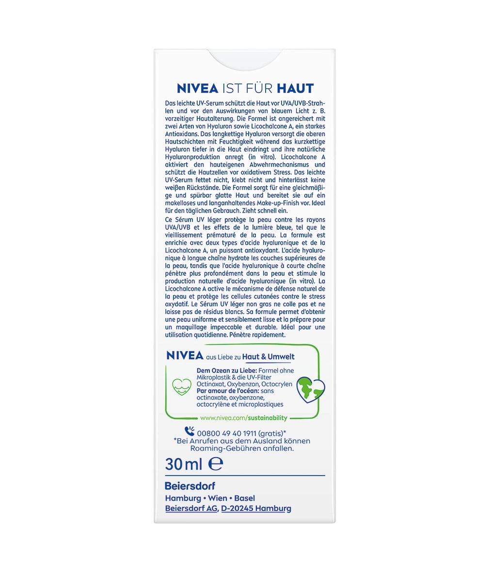 Nivea UV-Serum schützt vor UVA/UVB-Strahlen, blauem Licht, Hyaluron, Licochalcone A, Antioxidans, Make-up-Finish.