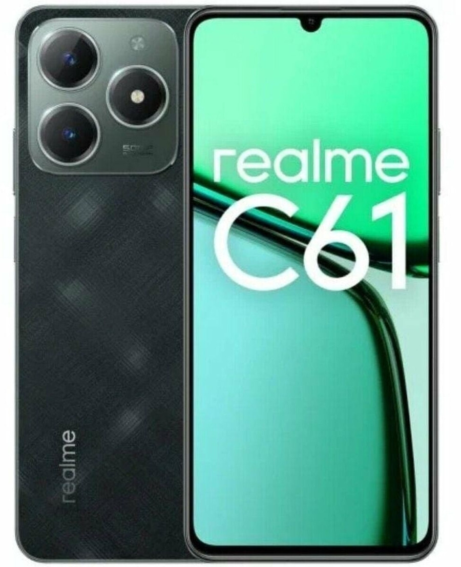Realme C61 Smartphone mit drei Kameras auf der Rückseite und dem Realme-Logo.