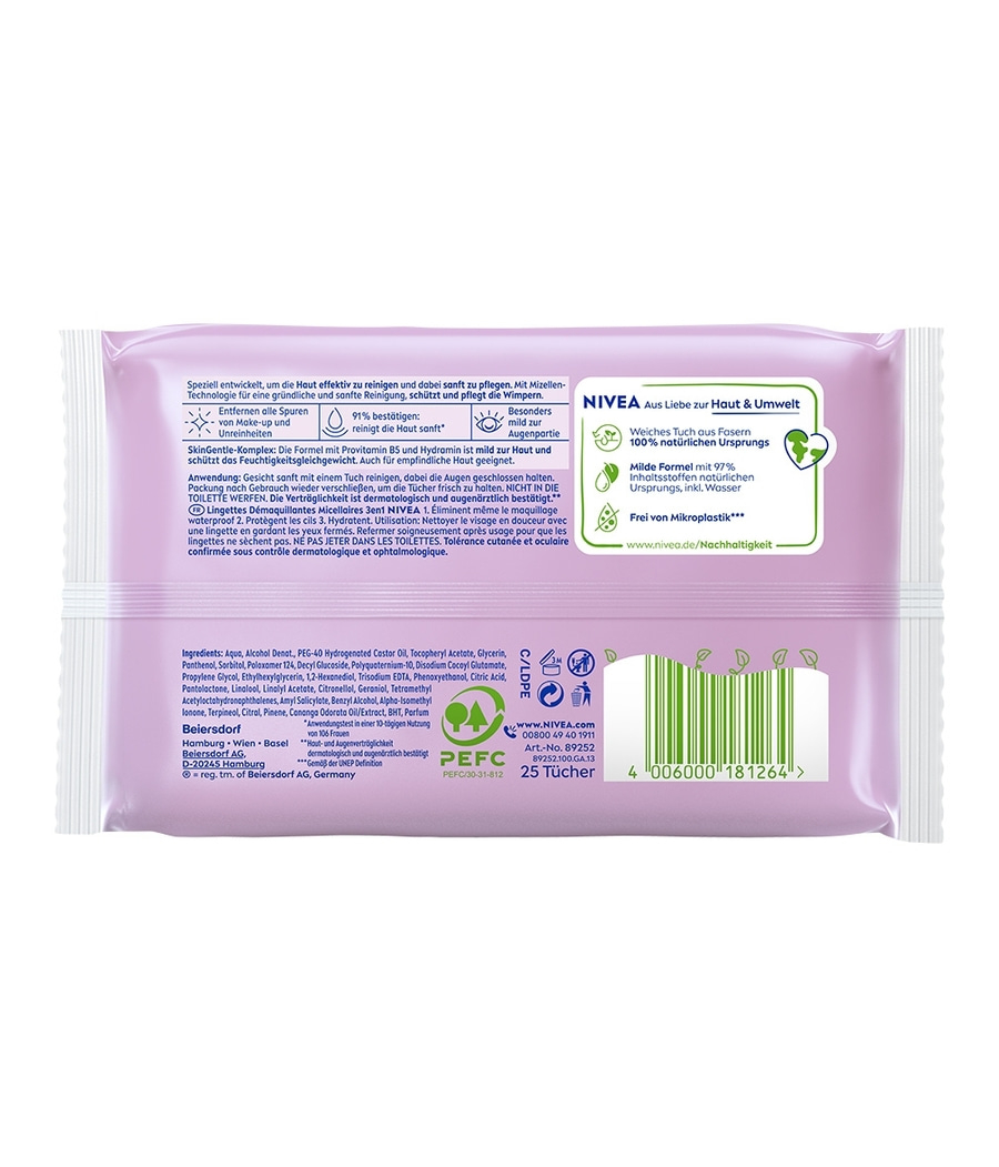 NIVEA Abschminktücher, sanfte Reinigung, Hautpflege, Mizellen-Technologie, Augenpartie, 25 Tücher