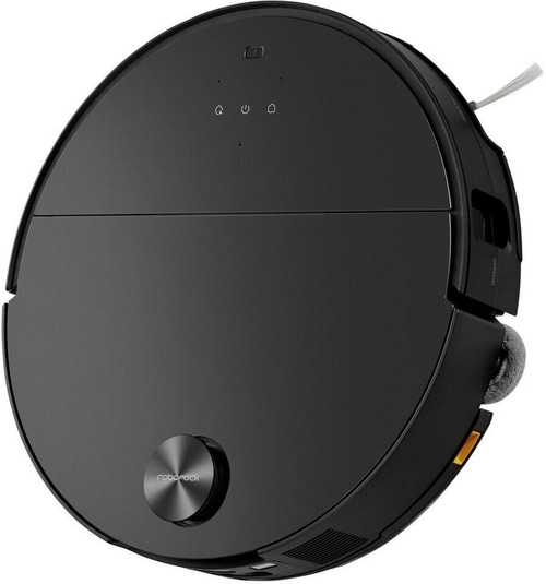 Schwarzer Roboter-Staubsauger mit Roborock-Logo und Bedienelementen